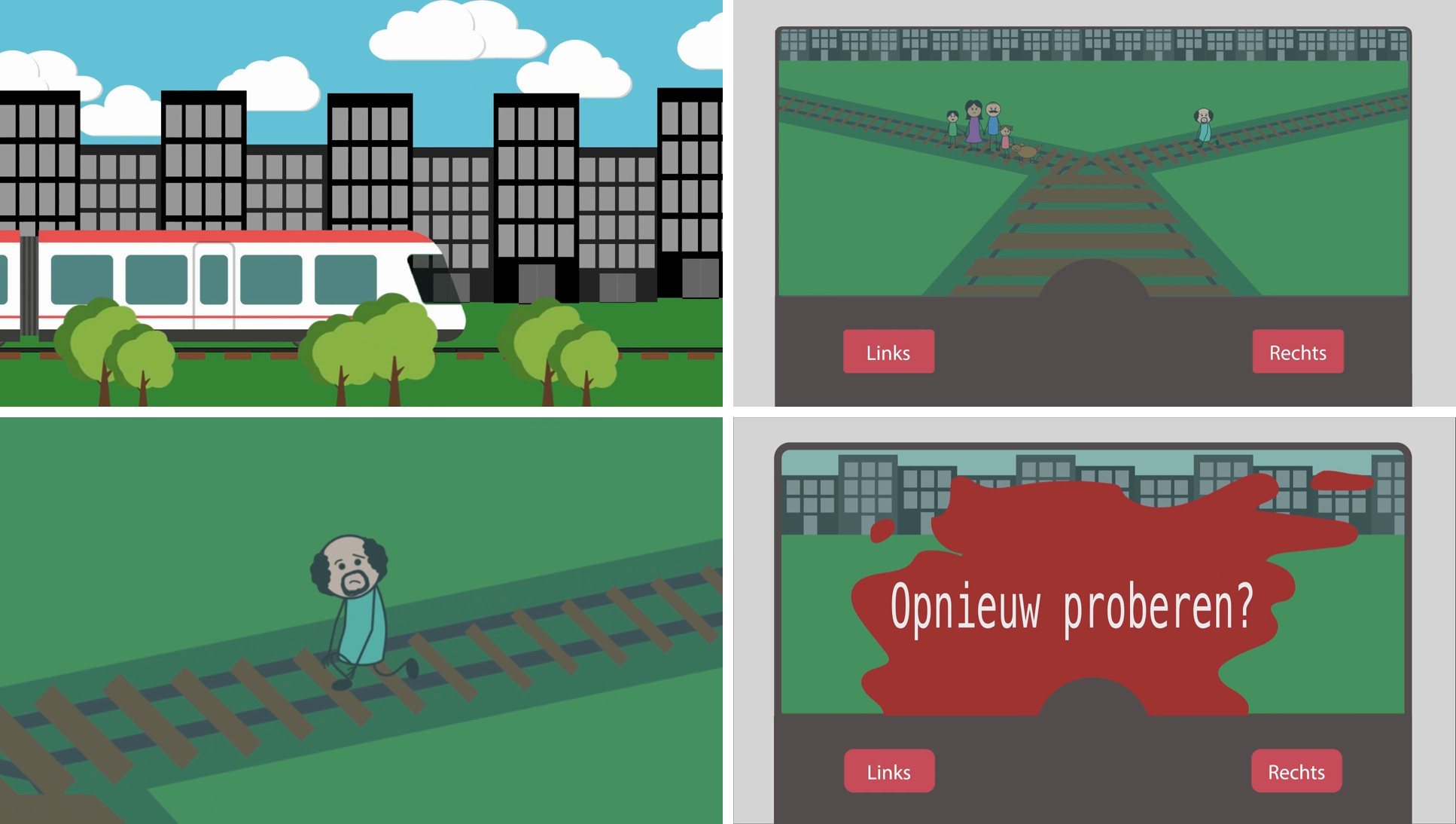 Four frames from the trolley problem animation: the tram in the city, the choice between left and right, the man on the track, and the try again screen
