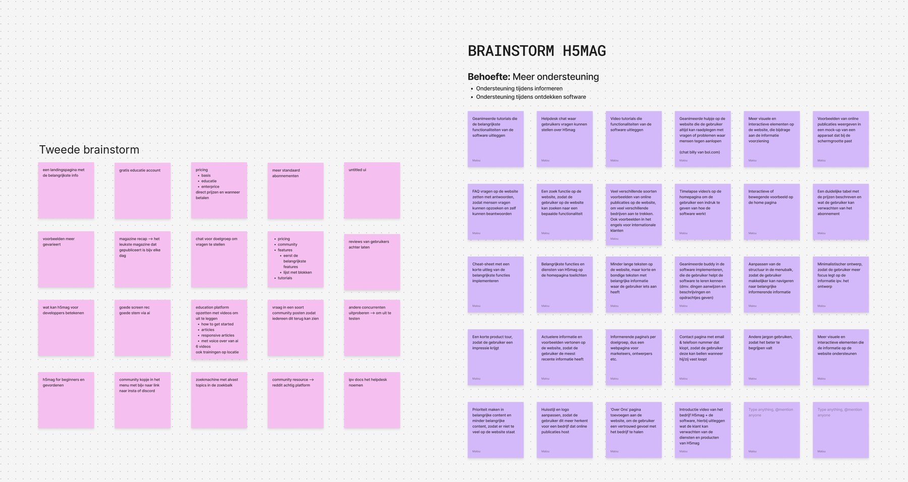 Two brainstorms about more support for H5mag users: 28 purple notes of mine and 20 pink notes from a second person