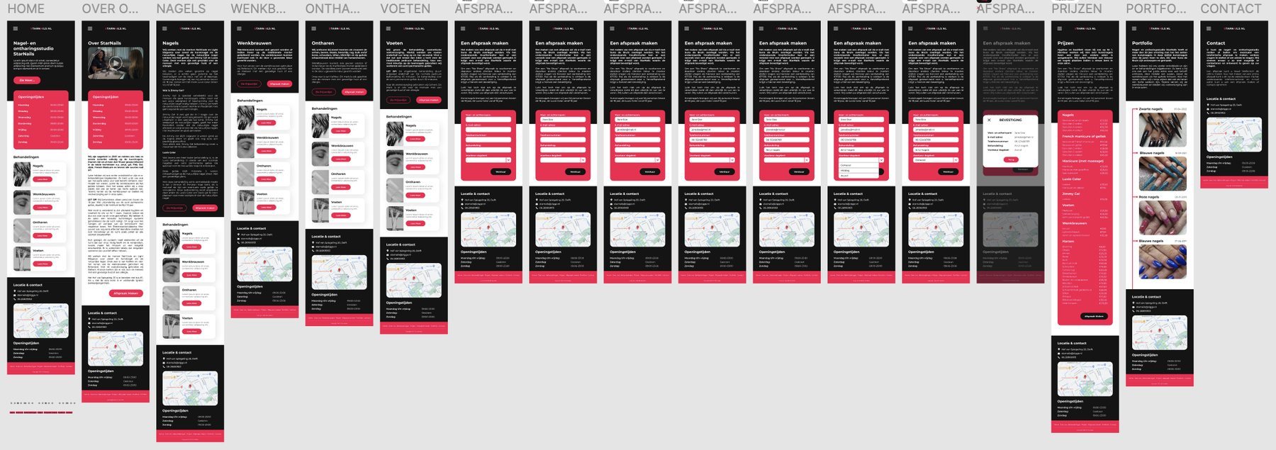 All the StarNails screens: home, treatments, booking, prices, portfolio and contact