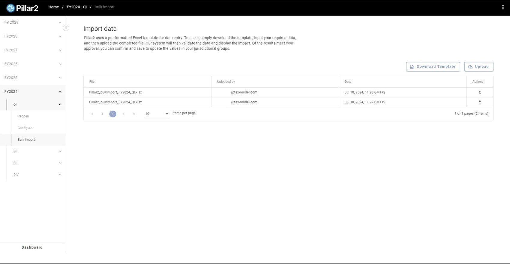 Pillar2 import screen: download the Excel template, upload it, and see the list of earlier uploads