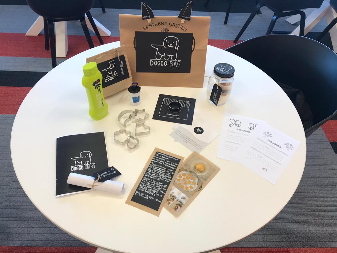 The finished Doggo Bag with the diary, the biscuit jar, the cutters, the shampoo and the two letters laid out around it